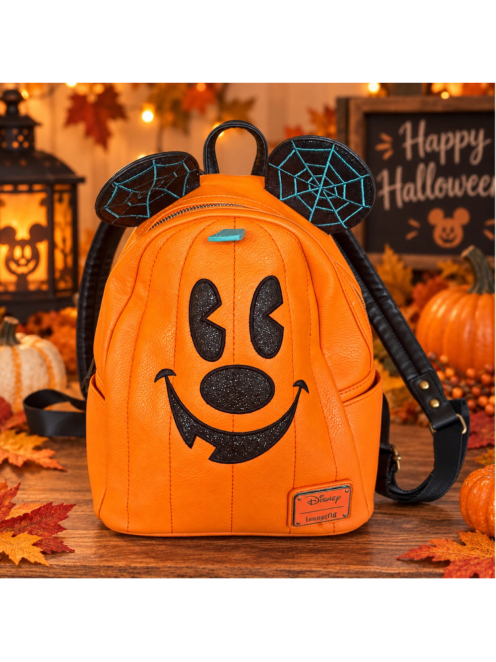 Disney Loungefly Mickey Mouse Pumpkin Halloween Mini Backpack Orange Spiderweb